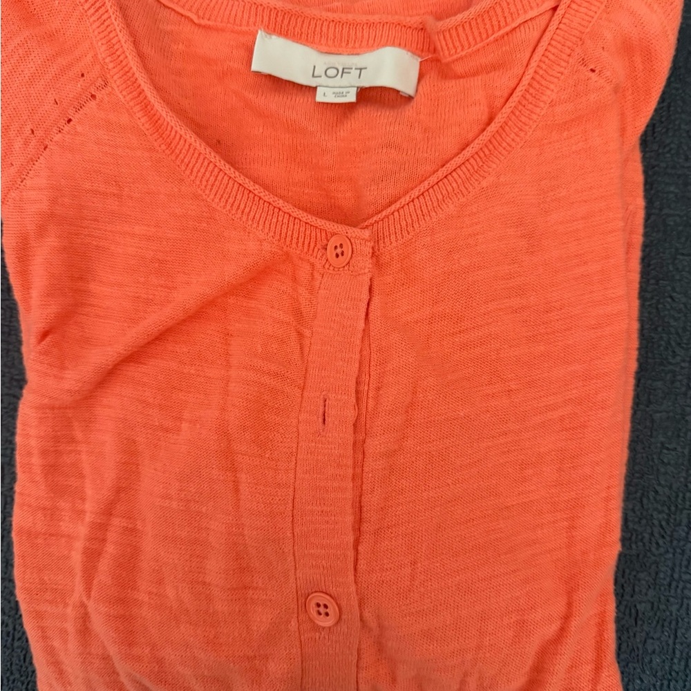 LOFT Orange Cardigan Sweater V-Neck Fine Knit